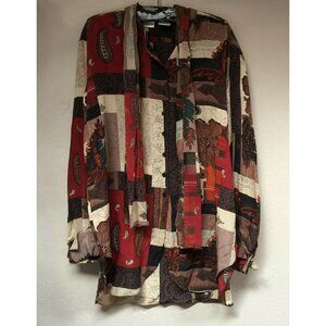 The Silk Collection Women Large Button Down Paisley Patchwork Tie-Neck Shirt Top